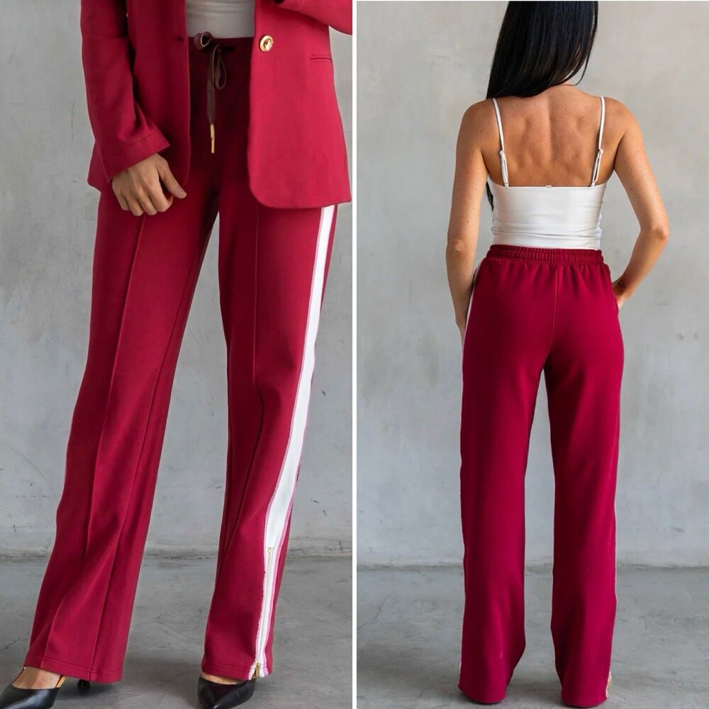 Care Tucker Pants Womens XS Red Jordan Interlock Bordeaux Side Stripe Zip Office